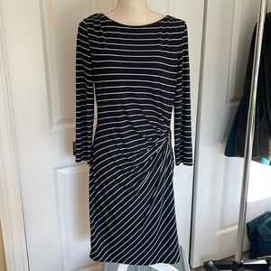 Tahari navy blue and white striped long sleeve stretchy dress